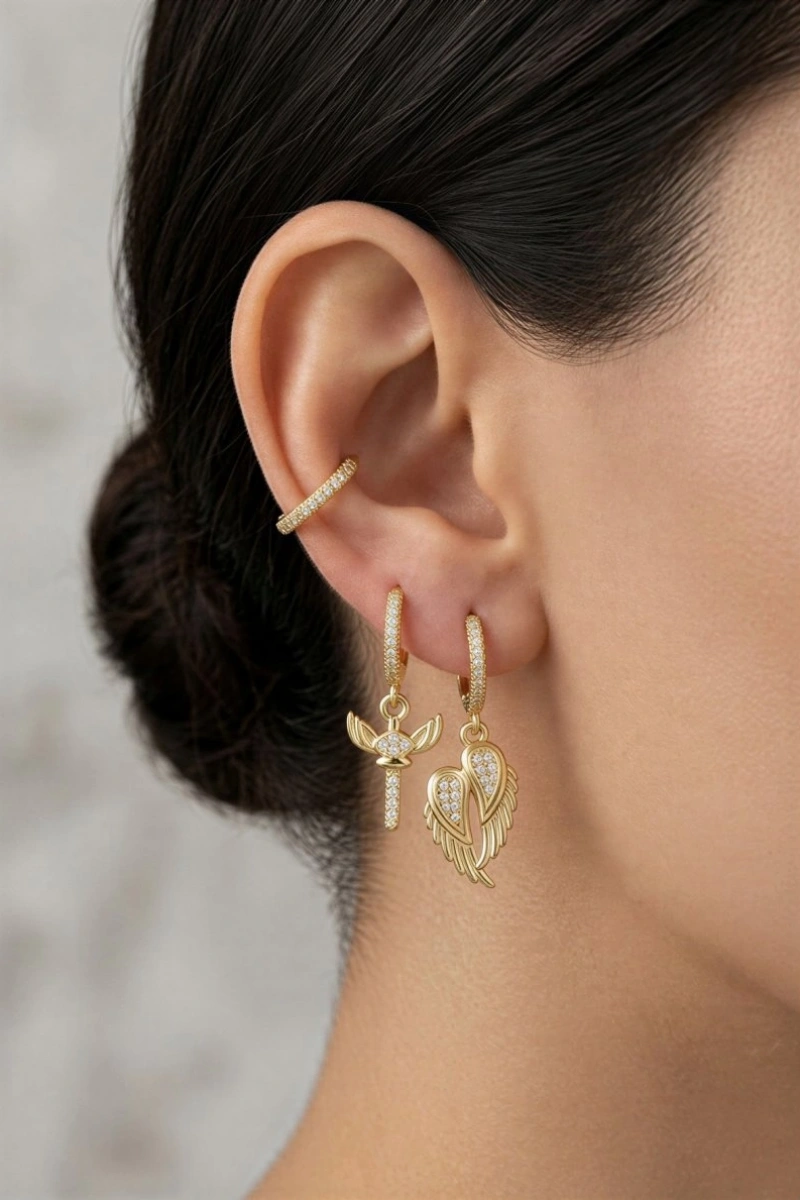 Kanat Model Gold Altın Kaplama Üçlü Küpe