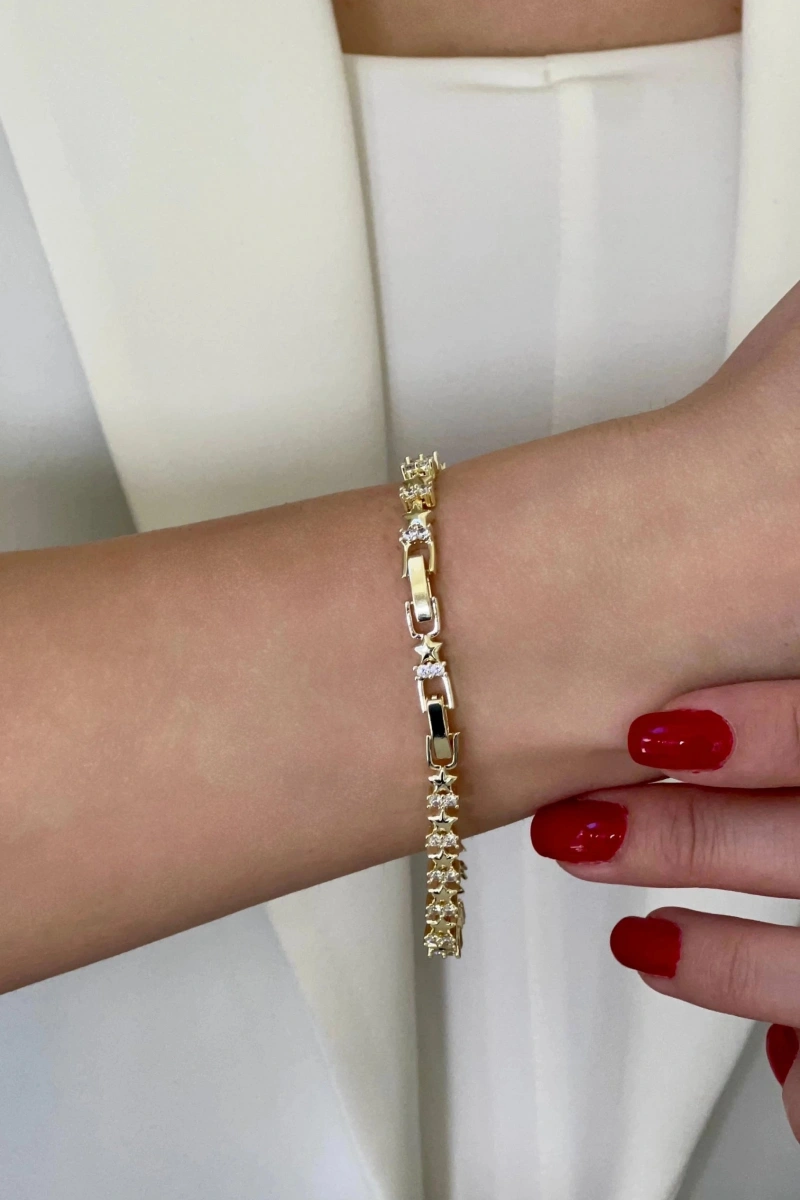 Sıralı Taşlı Yıldız Model Gold Altın Kaplama Bileklik