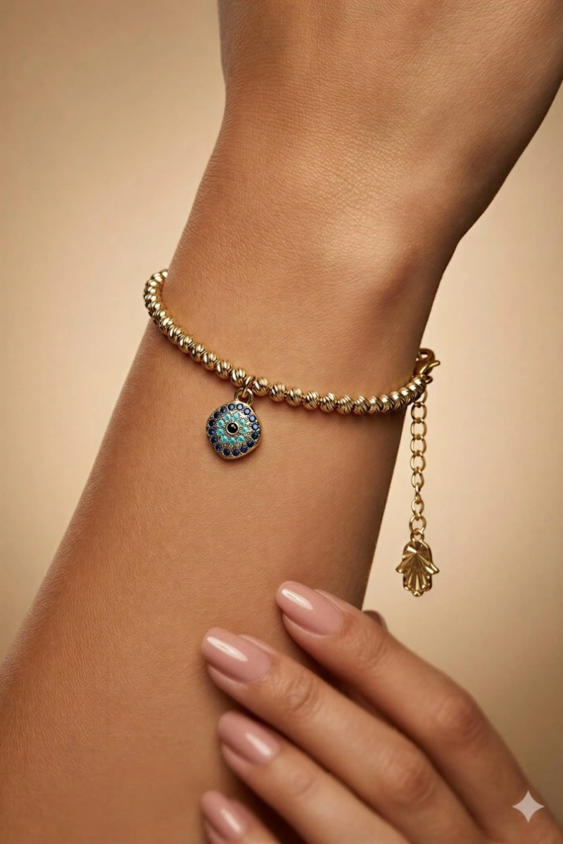 Sallantılı Nazar Boncuğu Model Gold Altın Kaplama Bileklik