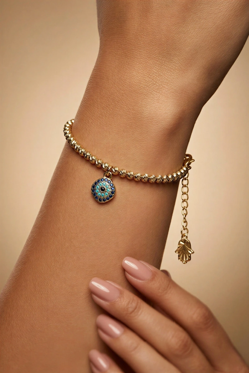 Sallantılı Nazar Boncuğu Model Gold Altın Kaplama Bileklik
