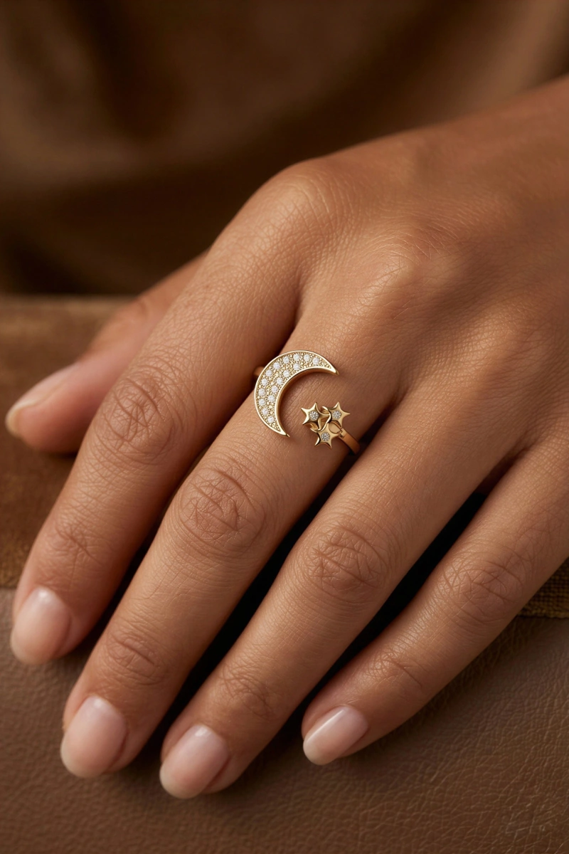 Ay Yıldız Model Gold Altın Kaplama Ayarlanabilir Yüzük