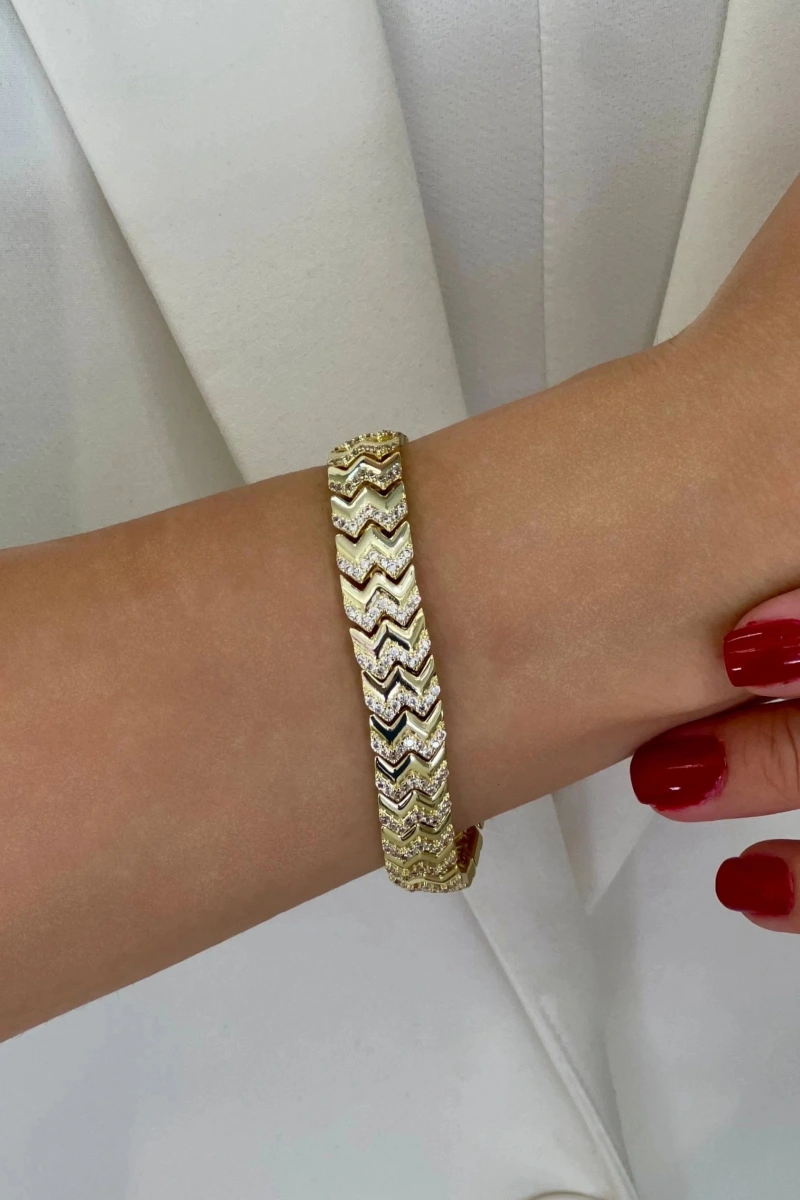 Kalın Dik Dalga Model Gold Altın Kaplama Bileklik