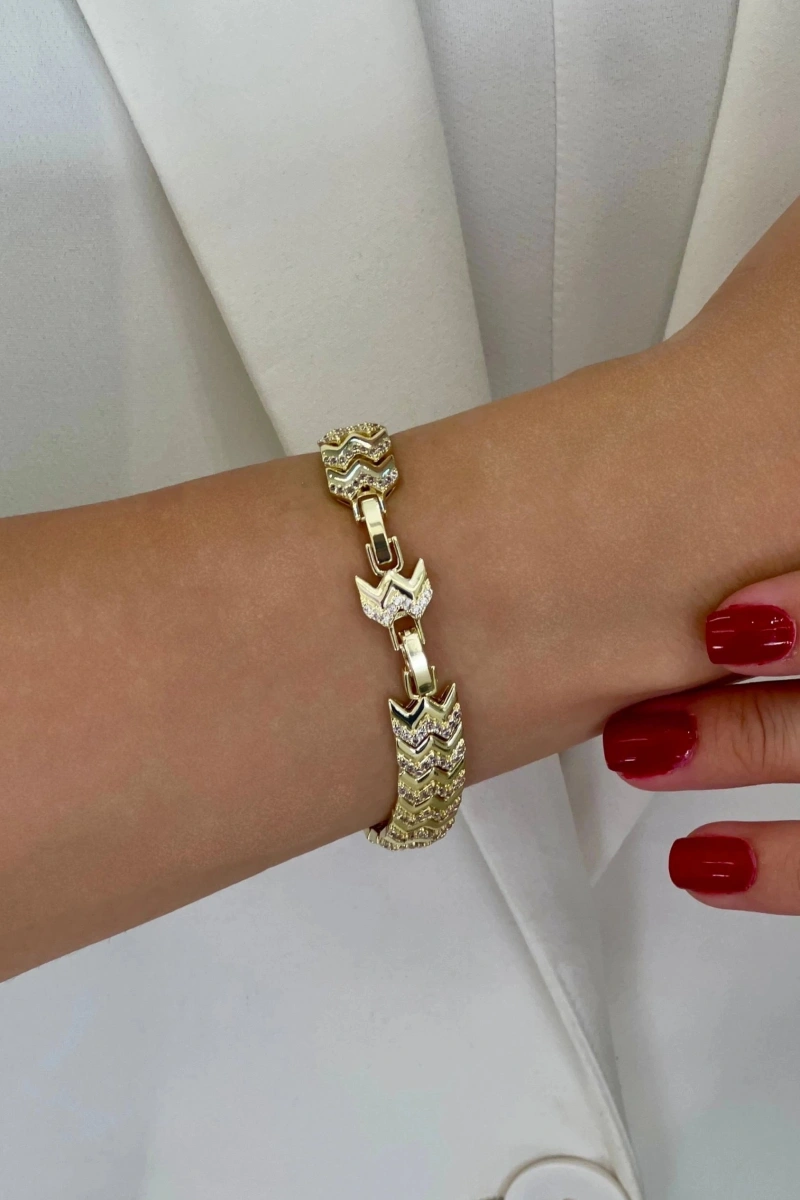 Kalın Dik Dalga Model Gold Altın Kaplama Bileklik