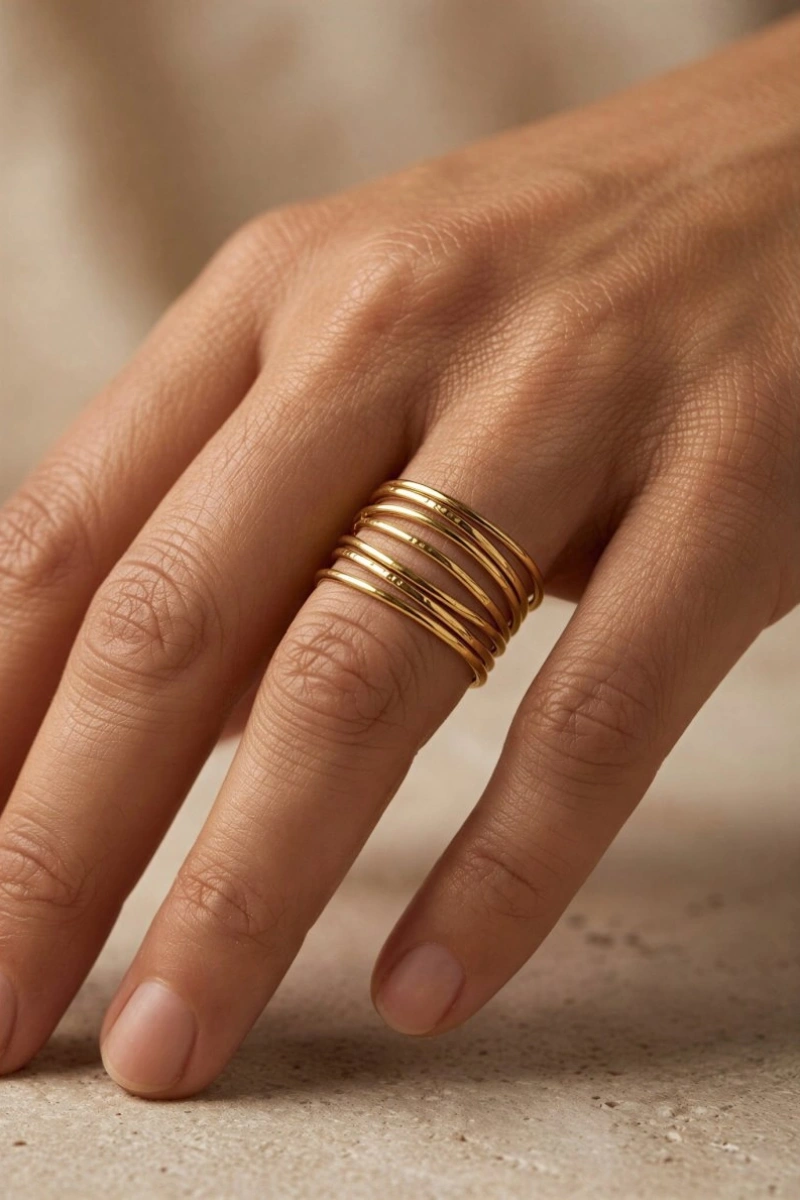 Yedi Sıralı Model Gold Altın Kaplama Ayarlanabilir Çelik Yüzük