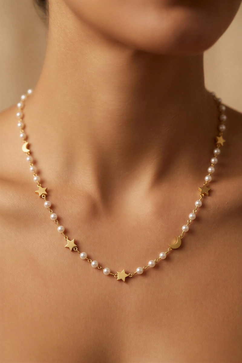 İnci Detay Ay Yıldız Model Gold Altın Kaplama Kolye