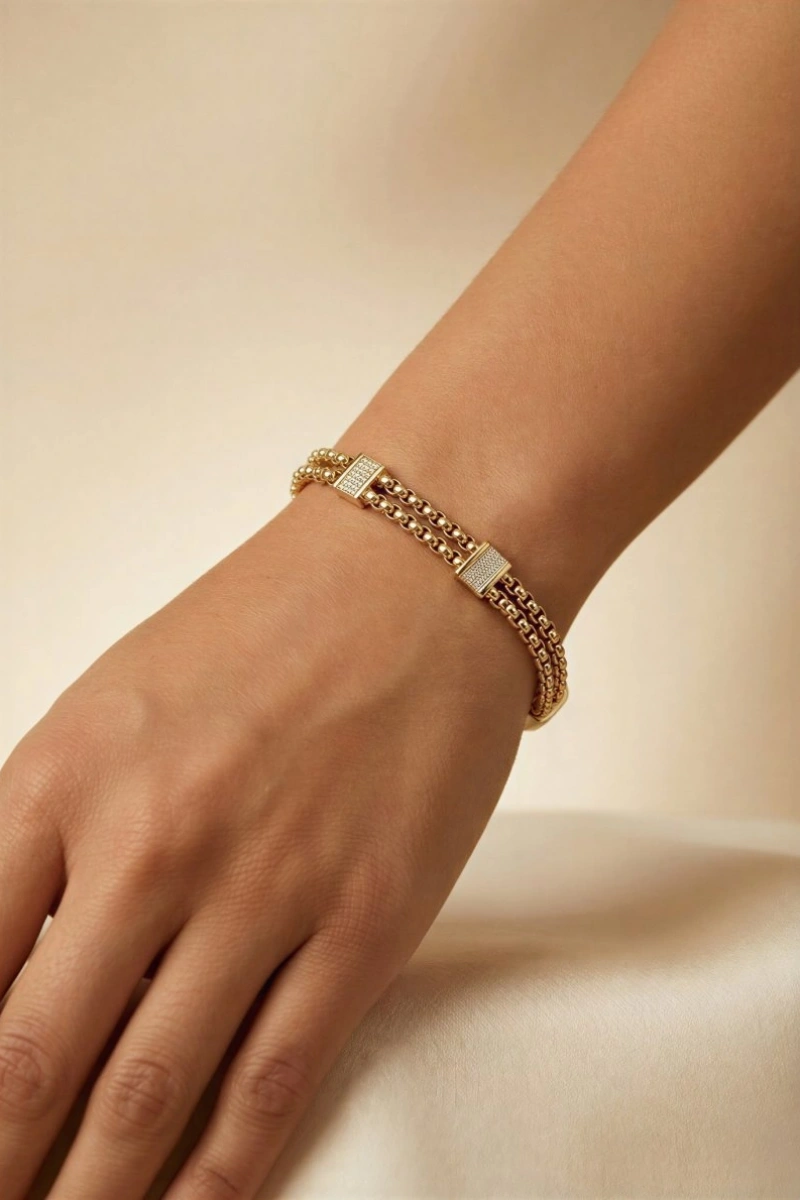 Horus Zincir Taşlı Baget Model Gold Altın Kaplama Bileklik