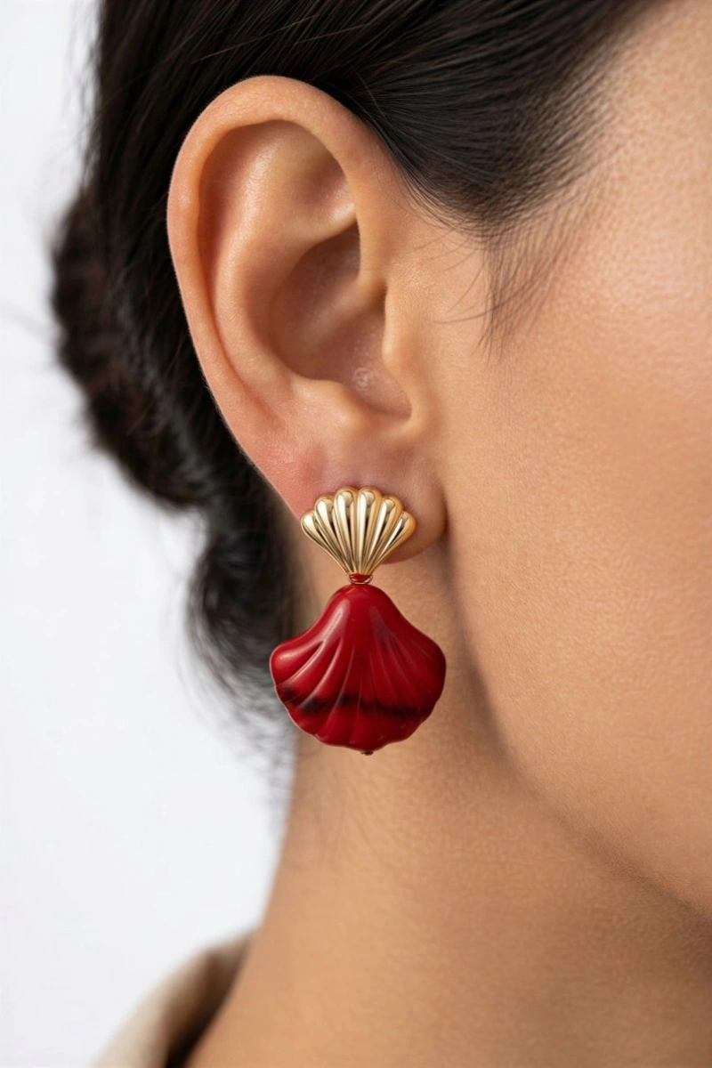 Kırmızı İstiridye Model Gold Altın Kaplama Küpe