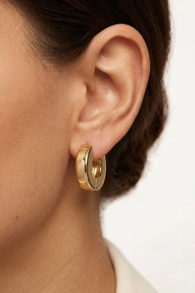 Kalın Köşeli Halka Model Gold Altın Kaplama Küpe