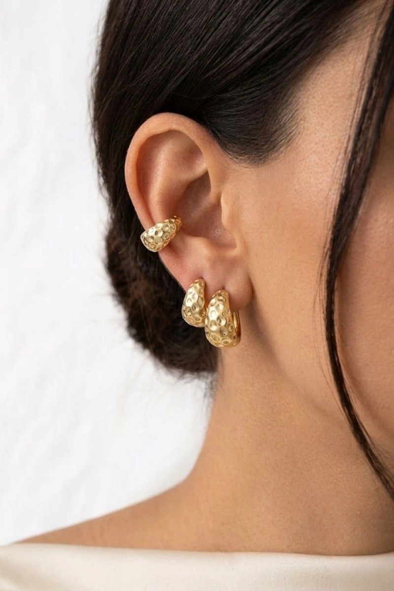 Kalın Oval Dövgü Model Altılı Gold Altın Kaplama Çoklu Küpe