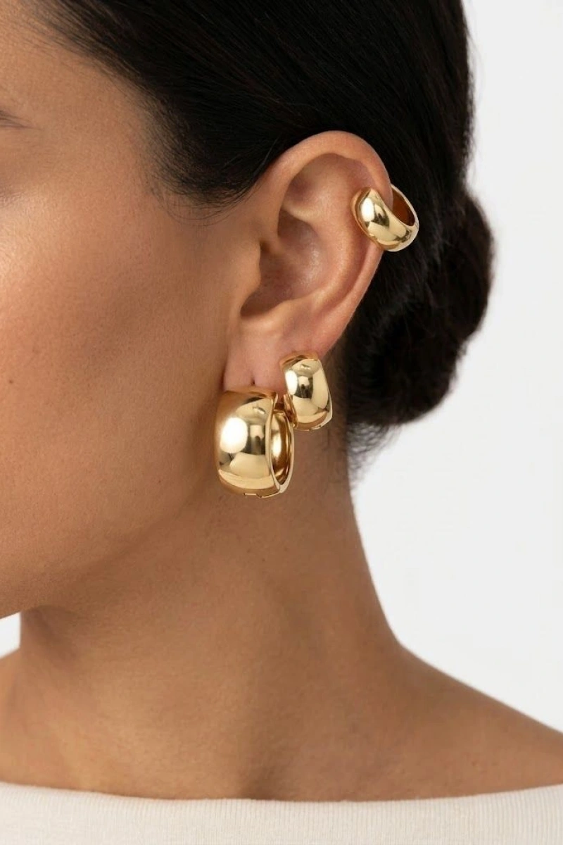 Oval Bombeli Altılı Gold Altın Kaplama Çoklu Küpe