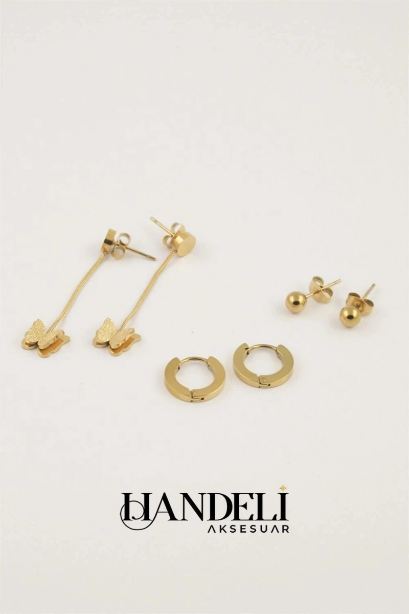 Simli Kelebek Model Top Kulaklık Altılı Gold Altın Kaplama Küpe