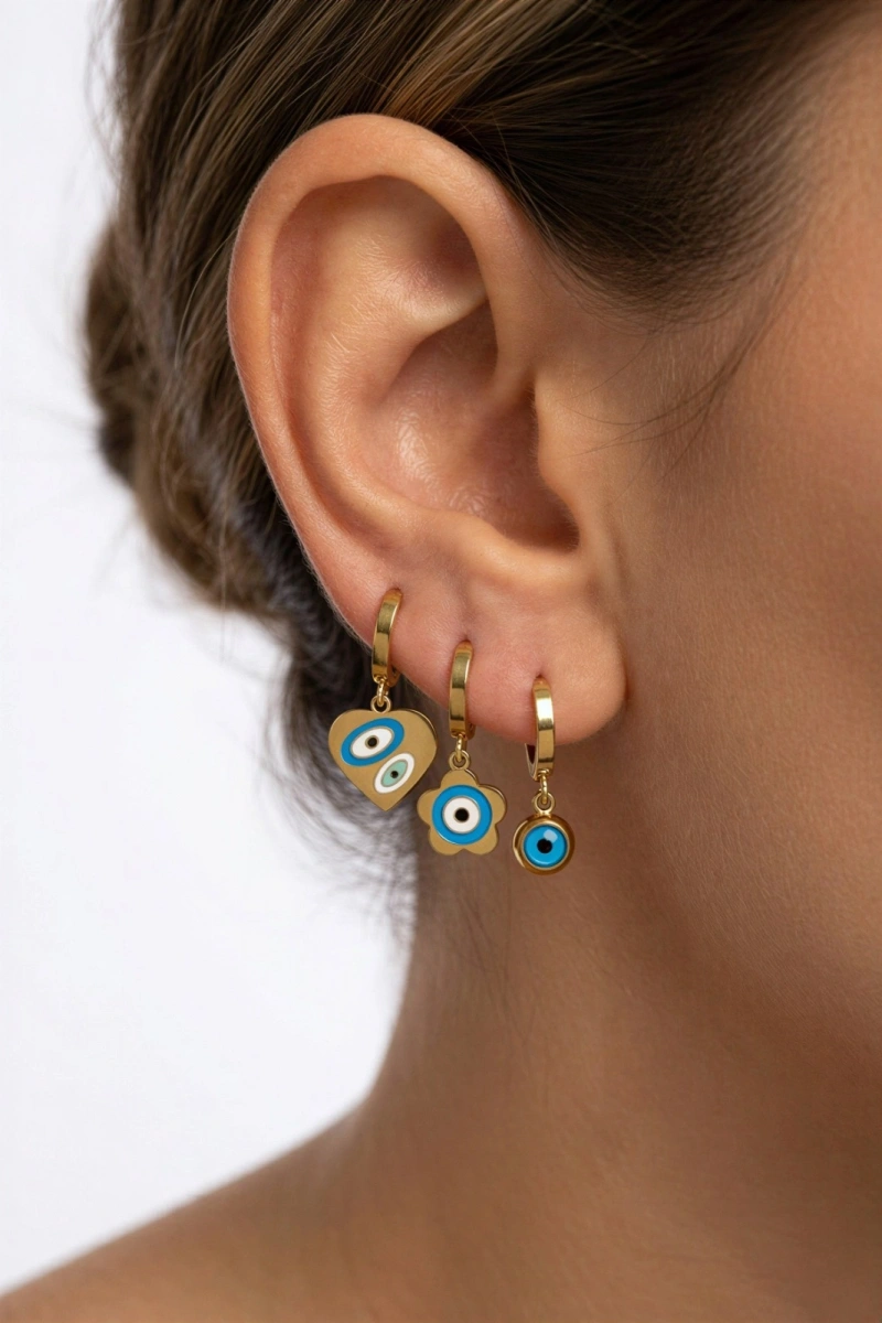 Nazar ve Çiçek Detay Gold Altın Kaplama Çelik Üçlü Küpe