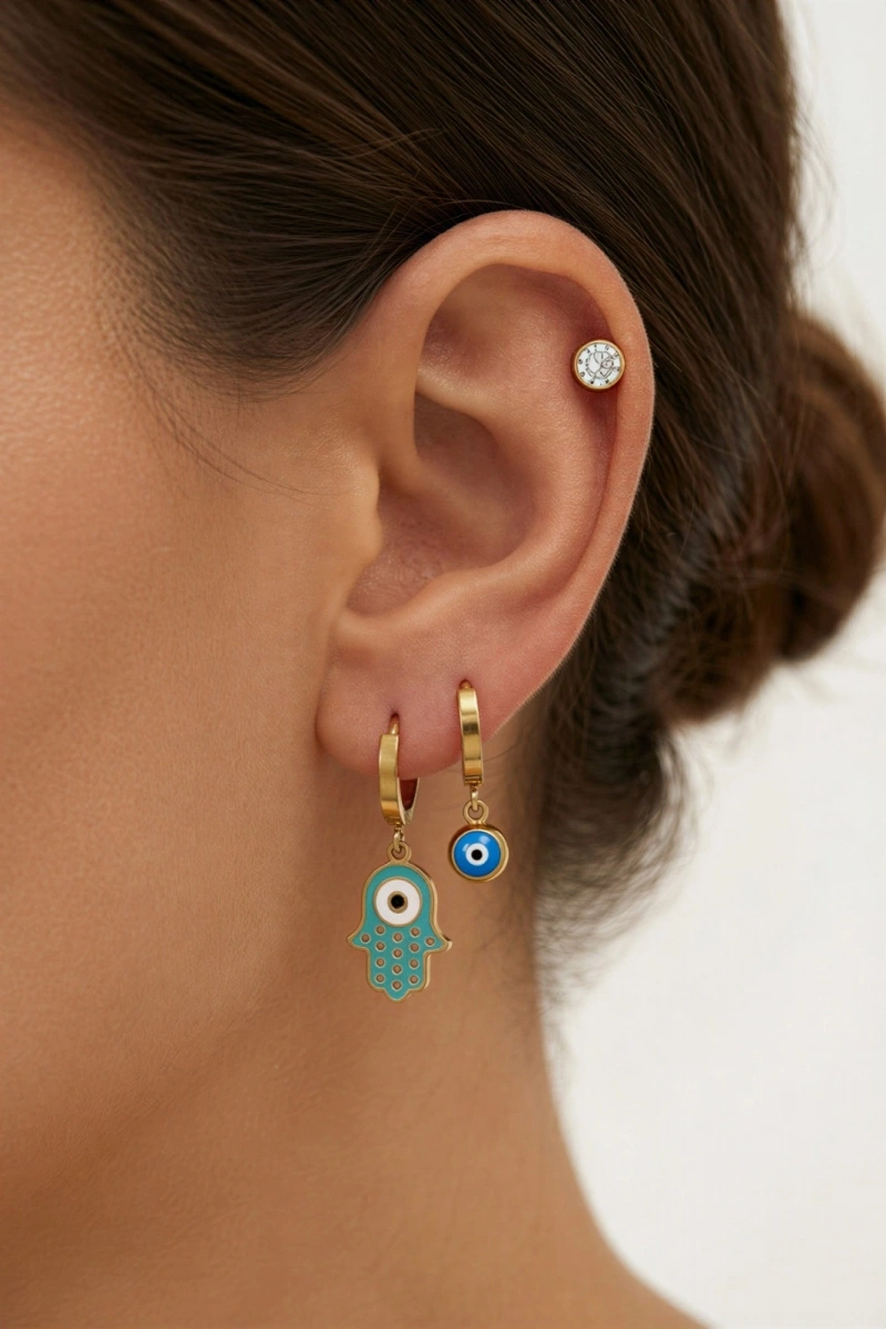 Fatımanın Eli Nazar Boncuk Detay Çelik Gold Altın Kaplama Üçlü Küpe