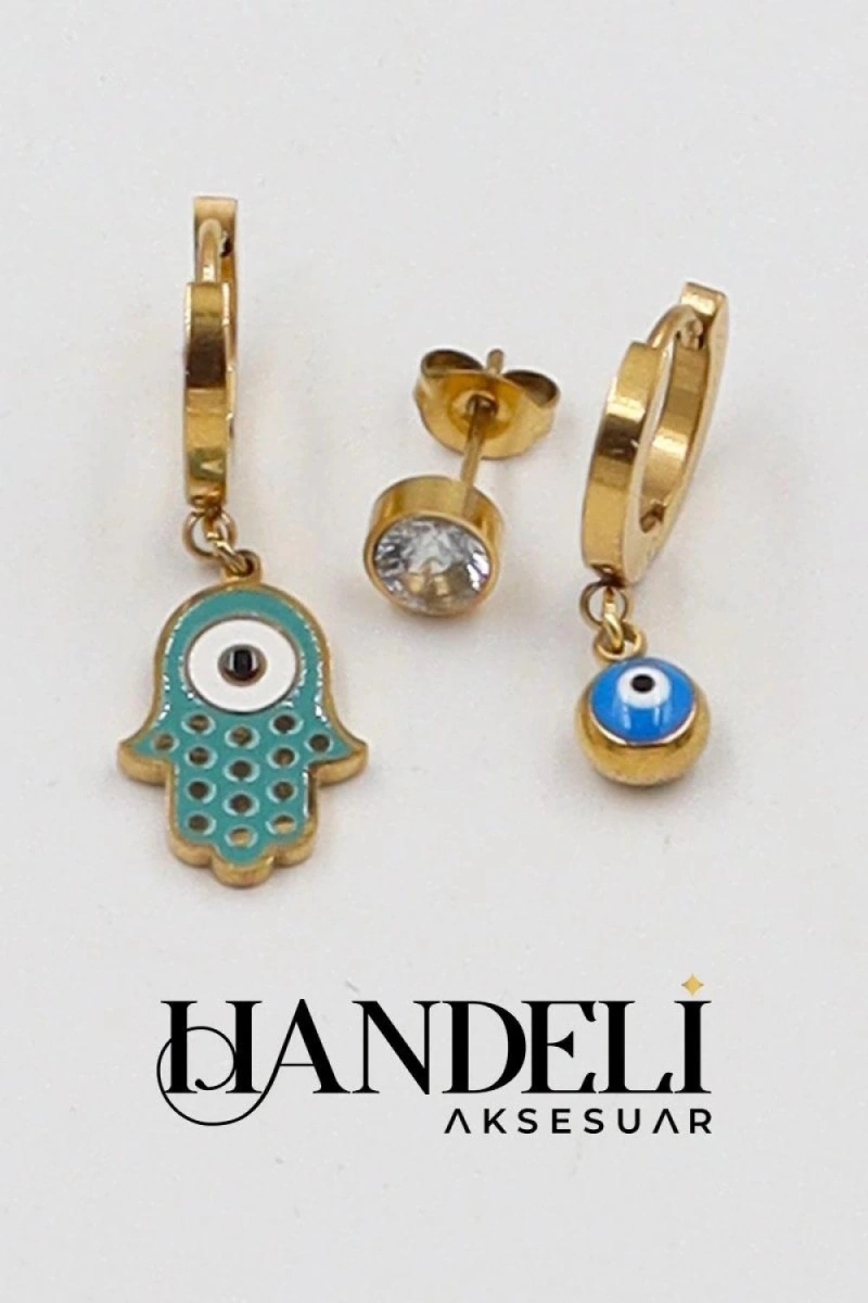 Fatımanın Eli Nazar Boncuk Detay Çelik Gold Altın Kaplama Üçlü Küpe