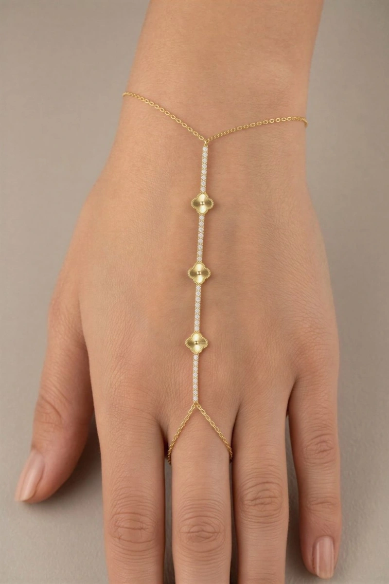 Taşlı Üç Yonca Model Gold Altın Kaplama Şahmeran