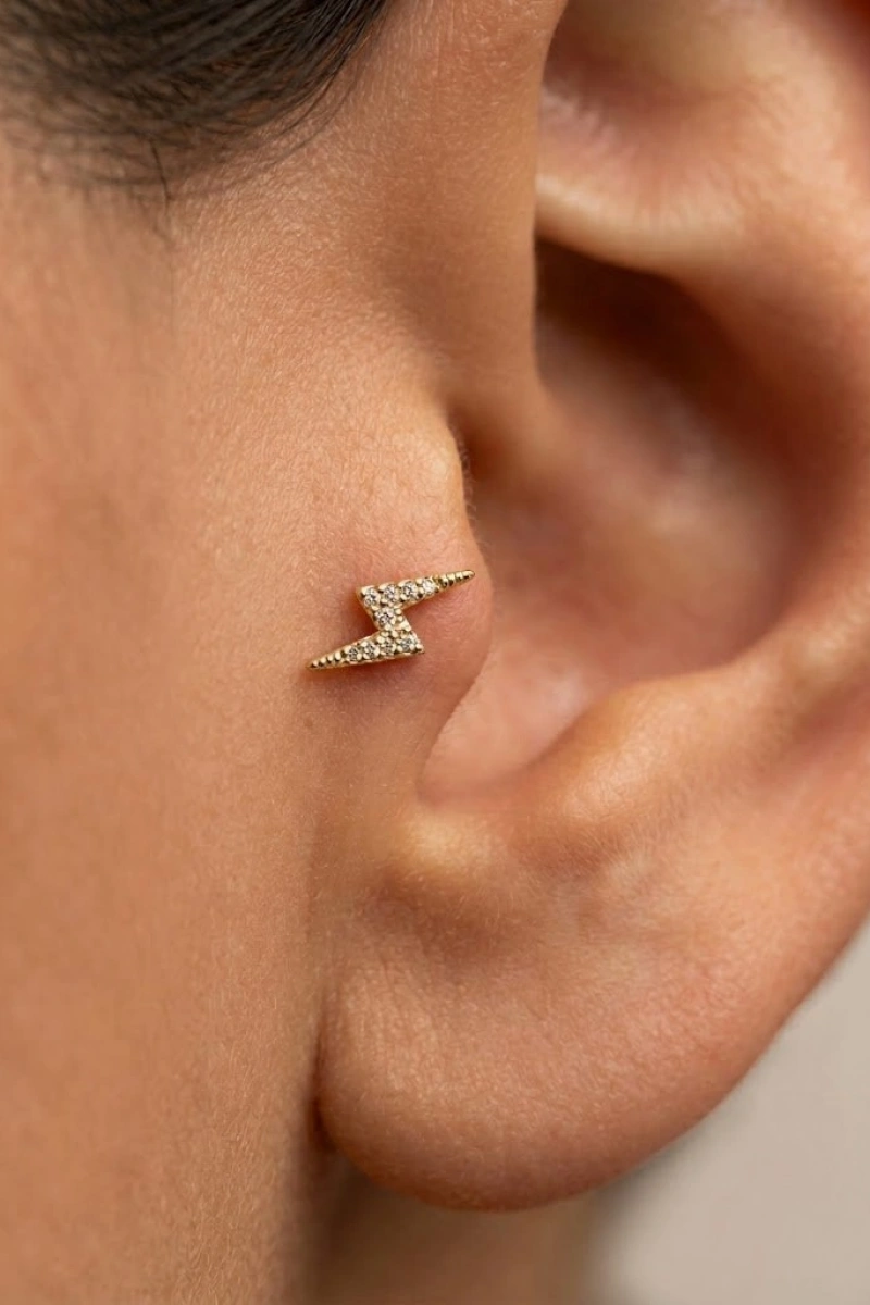 Şimşek Model Gold Altın Kaplama Tragus Çelik Piercing