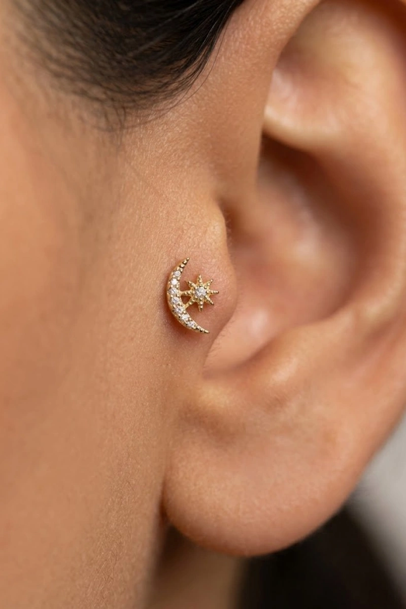 Ay Yıldız Model Gold Altın Kaplama Tragus Çelik Piercing