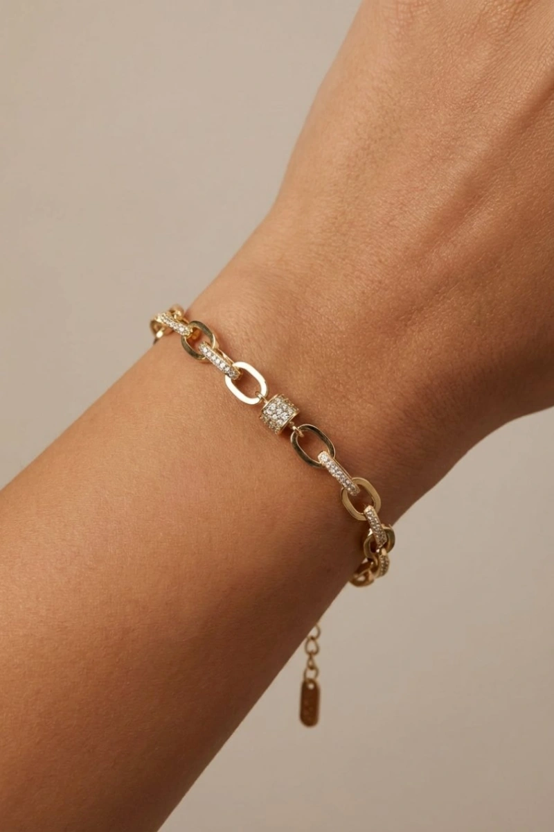 Elips Model Silindir Taş Detay Gold Altın Kaplama Bileklik