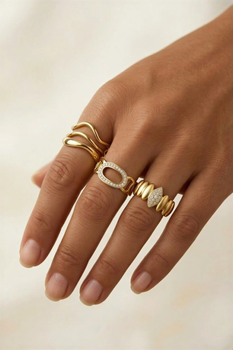 Dalga Model Altın Kaplama Kombin Yüzük