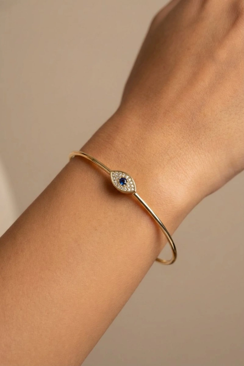 Yay Model Mavi Taş Göz Detay Gold Altın Kaplama Bileklik