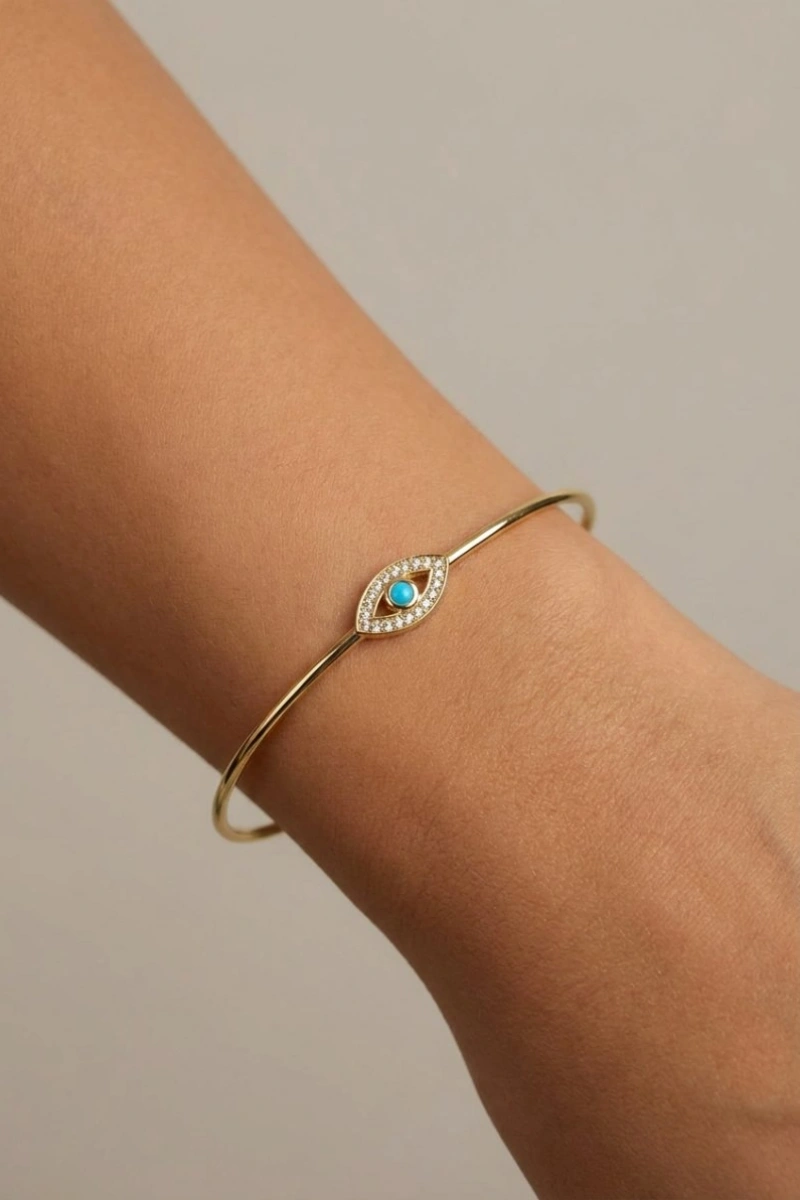 Yay Model Turkuaz Göz Detay Gold Altın Kaplama Bileklik