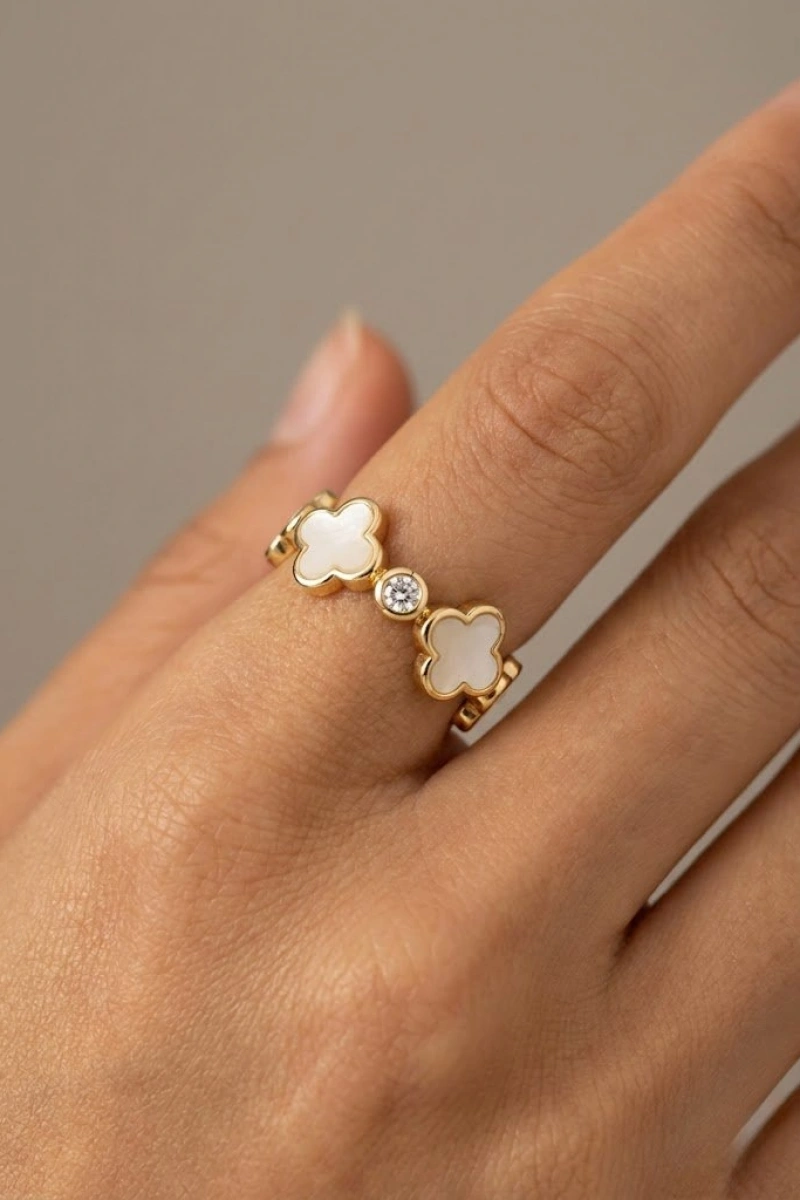 Sedef Yonca Model Gold Altın Kaplama Ayarlanabilir Yüzük