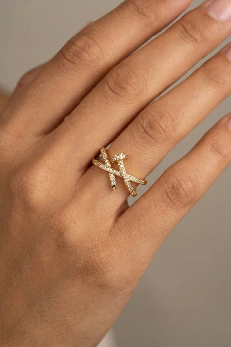 Asimetrik Çivi Model Gold Altın Kaplama Ayarlanabilir Yüzük