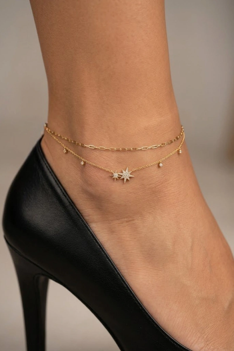 Çift Zincir Kuzey Yıldızı Model Gold Altın Kaplama Halhal