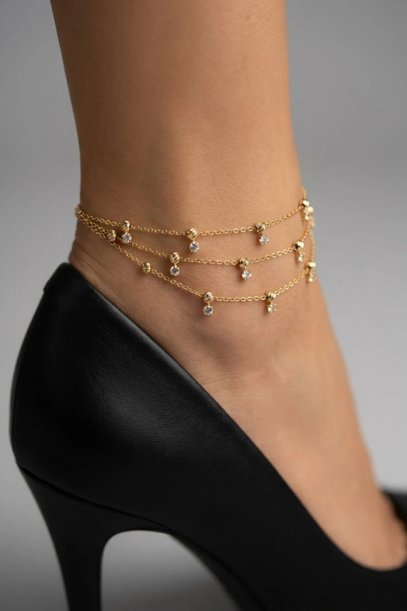 Üç Zincir Taşlı Dorika Model Gold Altın Kaplama Halhal