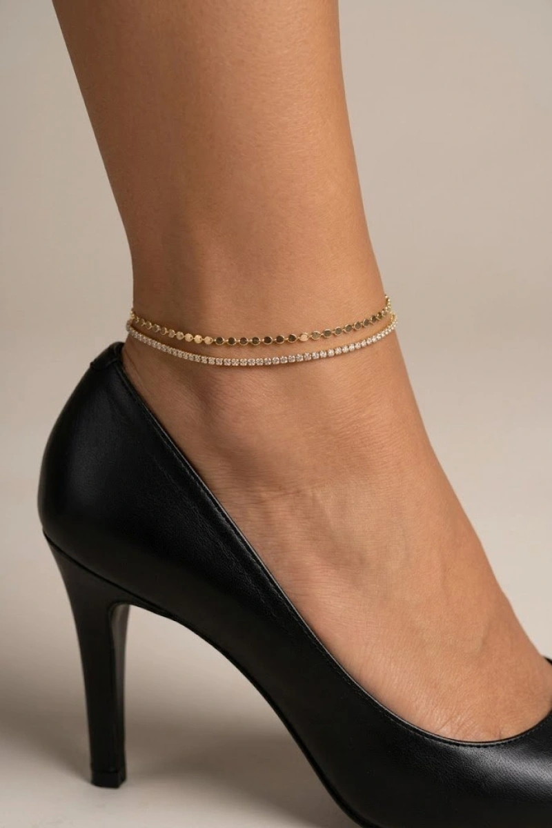 Çift Zincir Pul Model Gold Altın Kaplama Halhal