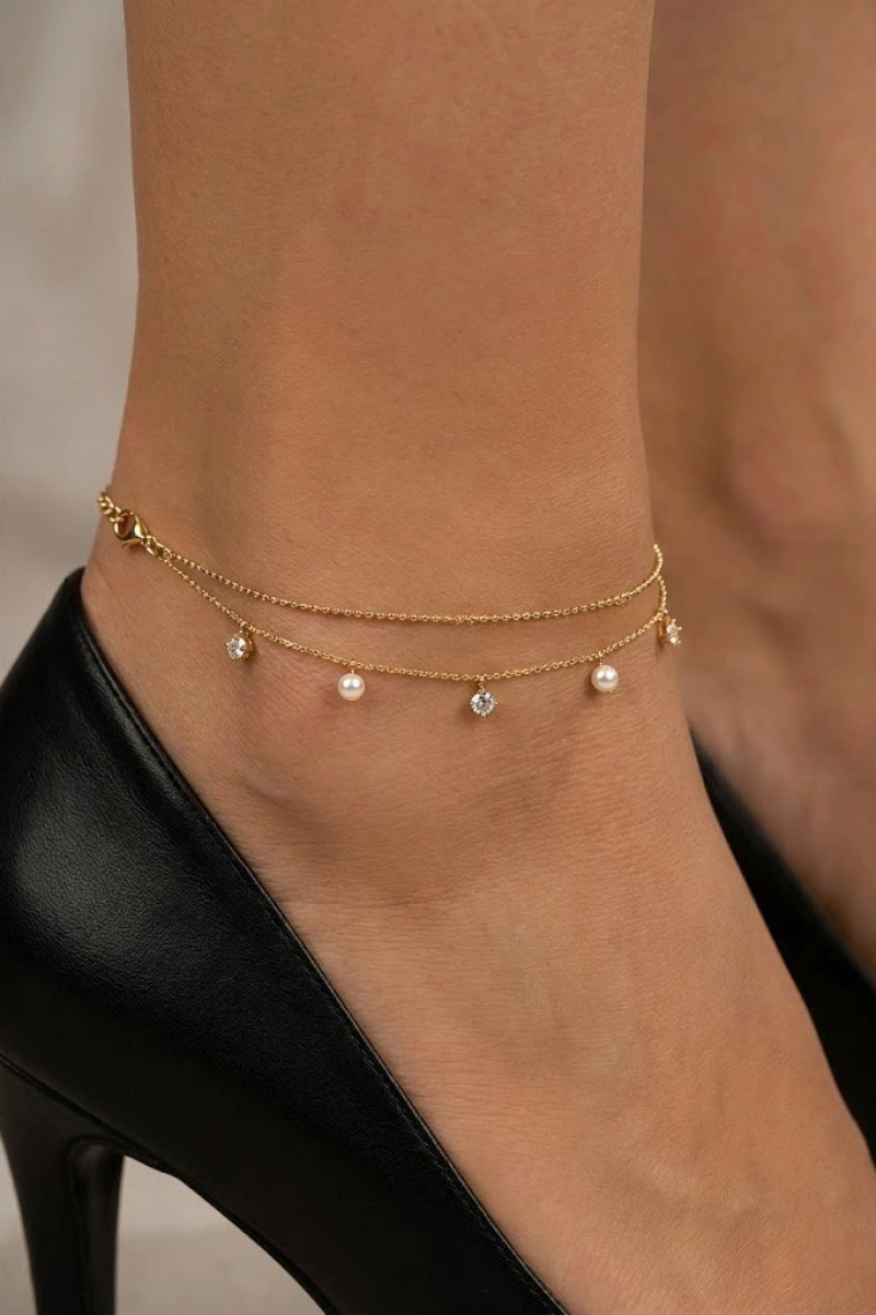 Çift Sıra İnci Model Gold Altın Kaplama Halhal