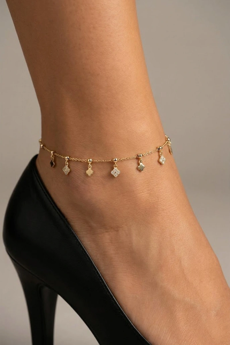 Sarkıt Taşlı Yonca Model Gold Altın Kaplama Halhal