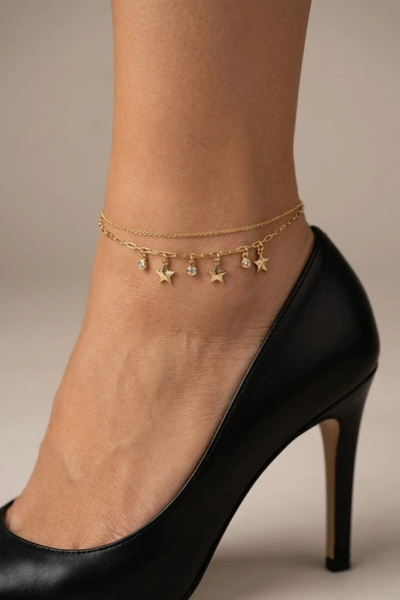 Çift Sıra Yıldız Model Gold Altın Kaplama Halhal