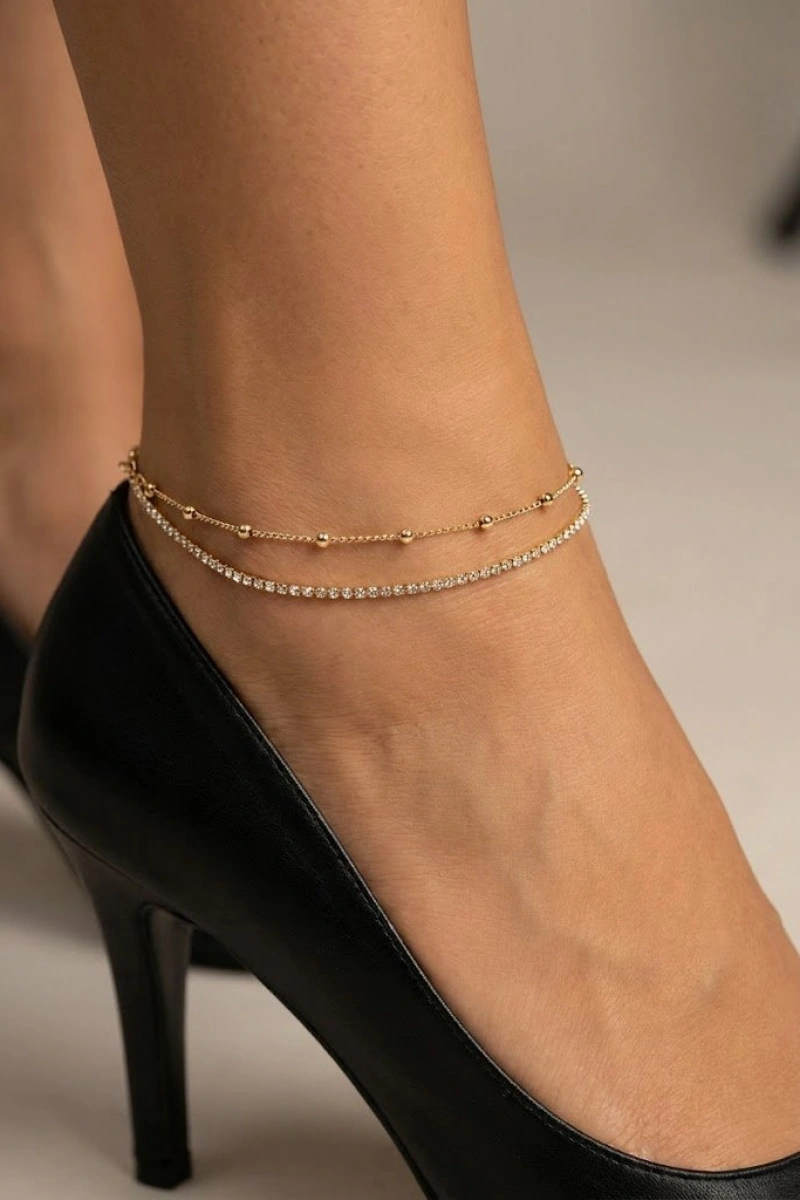 Çift Sıra Su Yolu Dorika Model Gold Altın Kaplama Halhal