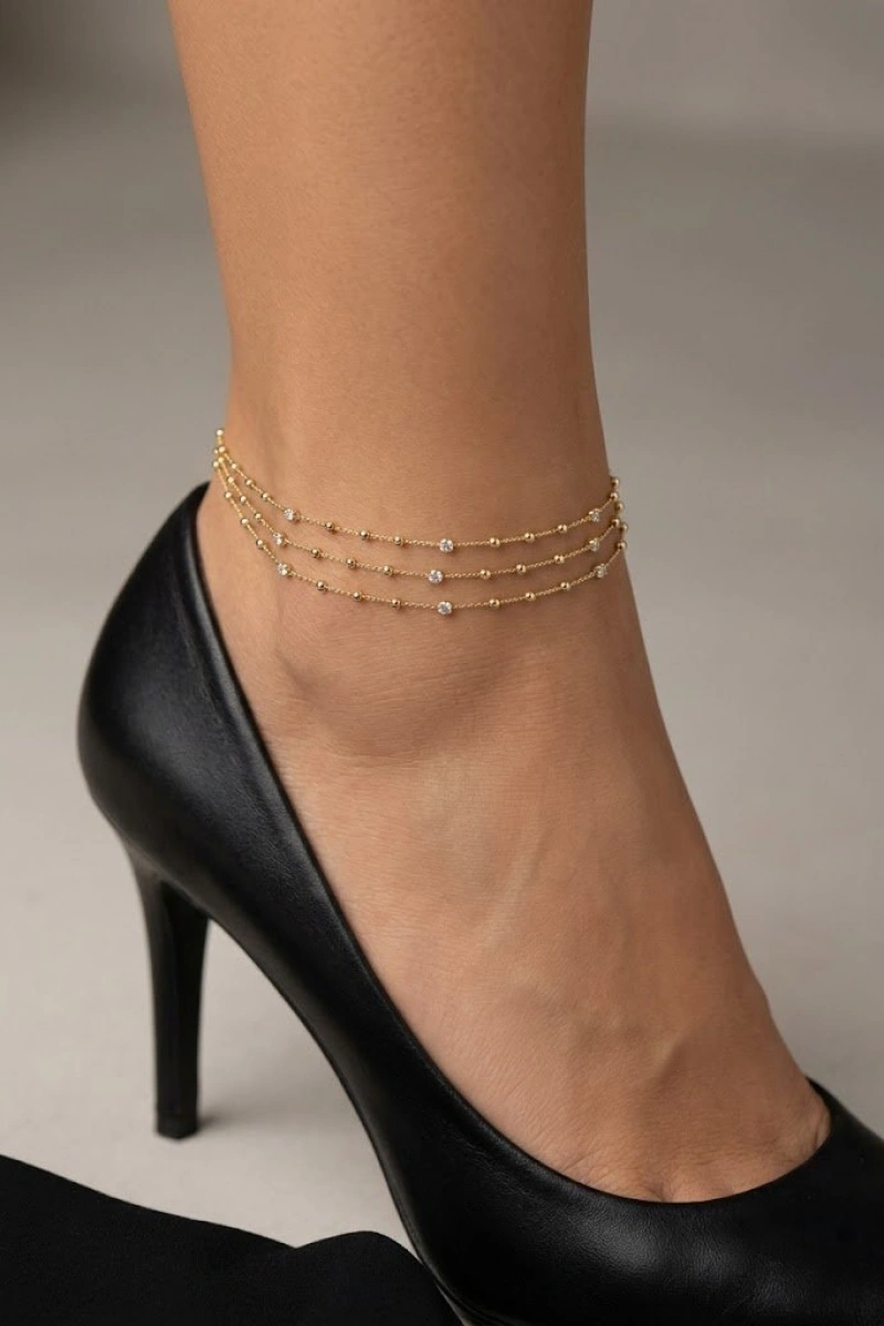 Üç Sıra Taşlı Dorika Model Gold Altın Kaplama Halhal