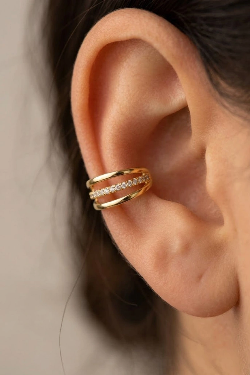 Orta Taş Model Gold Altın Kaplama Ear Cuff