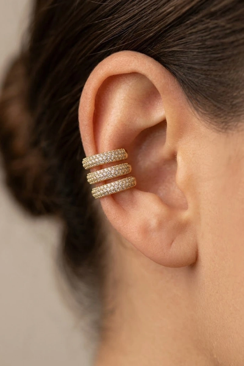 Üç Sıra Model Gold Altın Kaplama Ear Cuff