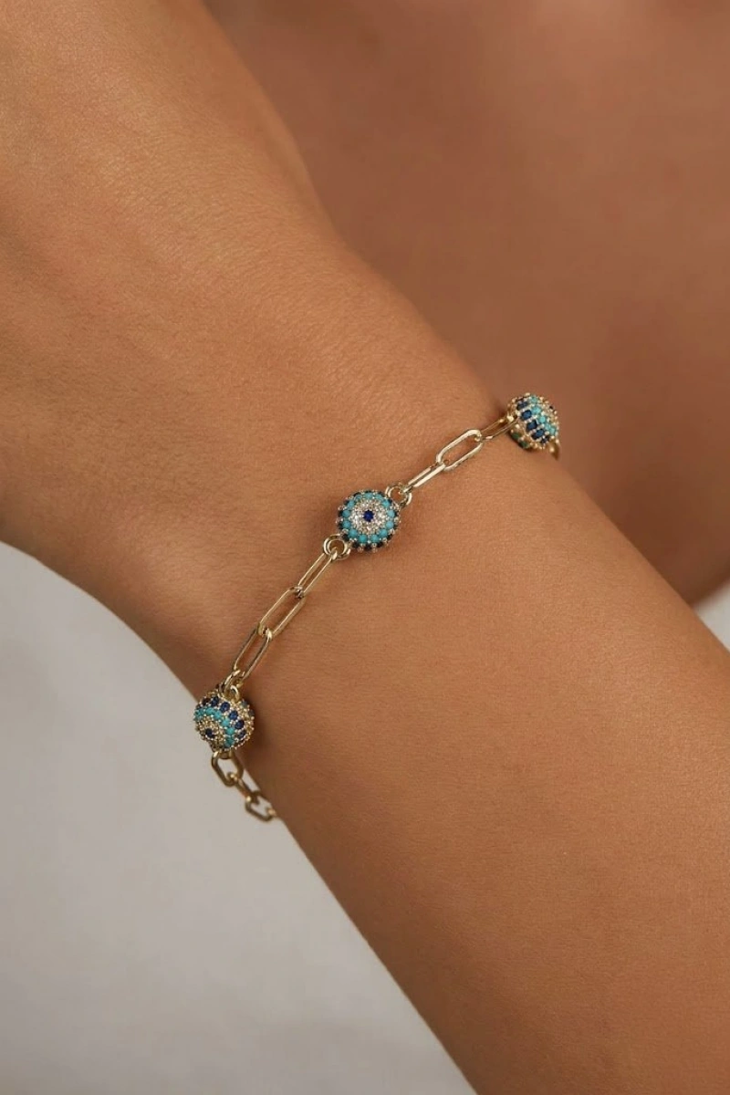 Düz Model Nazar Top Detay Gold Altın Kaplama Bileklik