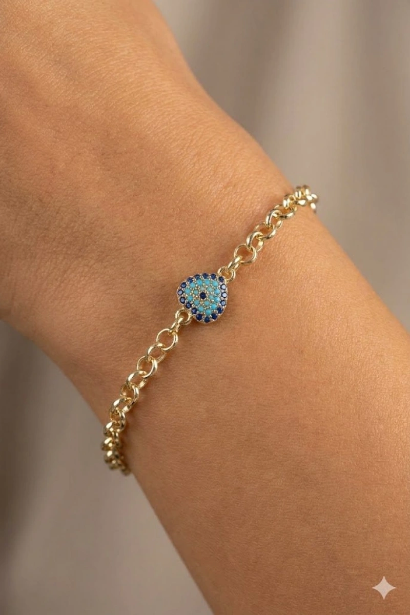 Kalp Nazar Model Gold Altın Kaplama Bileklik