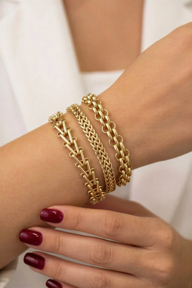 Sırma Model Gold Altın Kaplama Çelik Bileklik Kombin