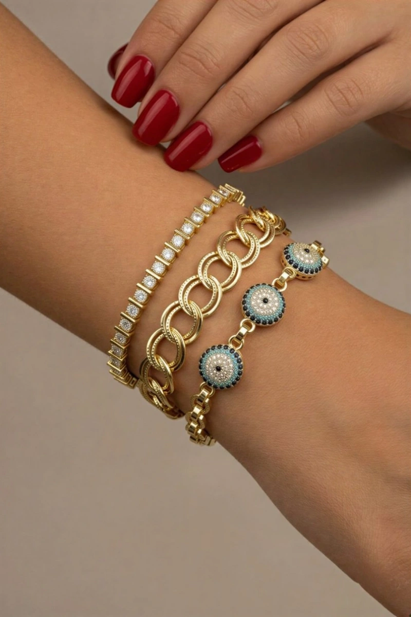 Üç Göz Model Gold Altın Kaplama Bileklik Kombin