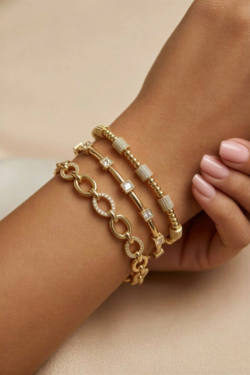 Blok Model Gold Altın Kaplama Bileklik Kombin