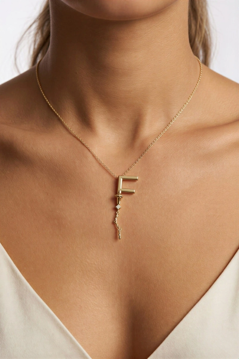 Sallantı Model F Harf Detay Gold Altın Kaplama Kolye