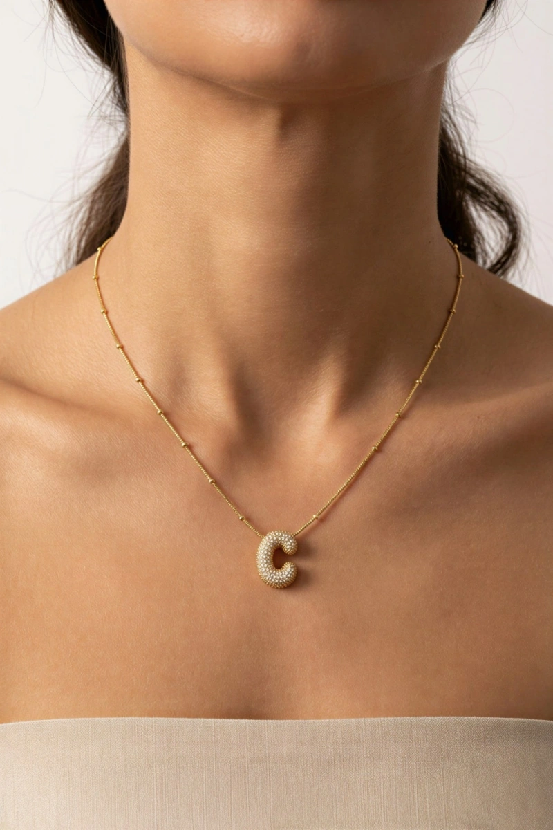 C Harf Zirkon Taşlı Balon Gold Altın Kaplama Dorika Kolye