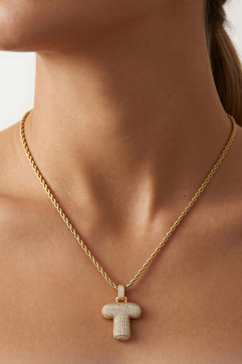 T Harf Zirkon Taşlı Balon Gold Altın Kaplama Burgu Kolye