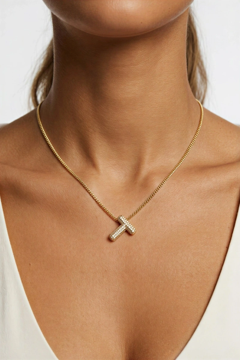 T Harf Zirkon Taşlı Balon Gold Altın Kaplama Kolye