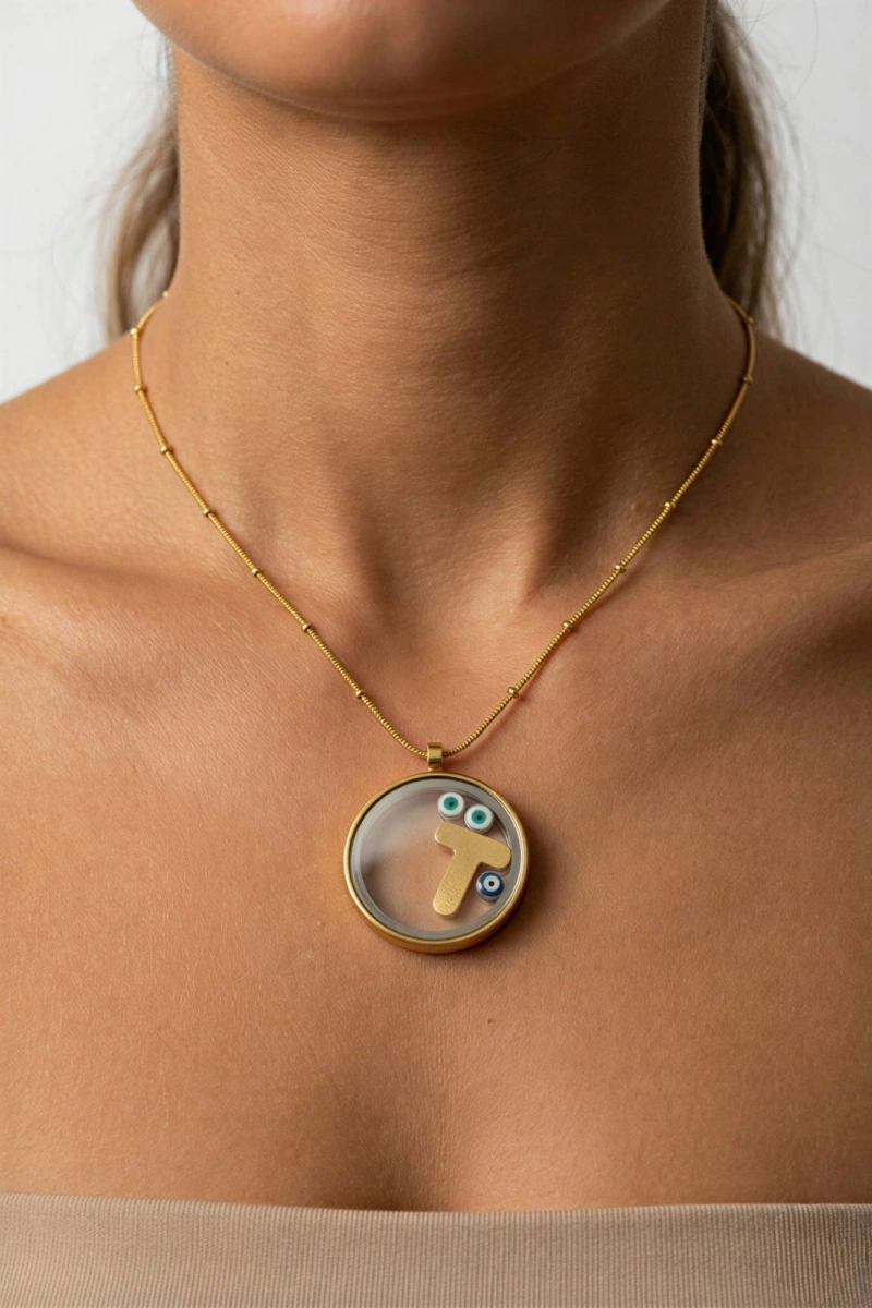 T Harf Detay Cam Çerçeve Dorika Zincir Gold Altın Kaplama Çelik Kolye