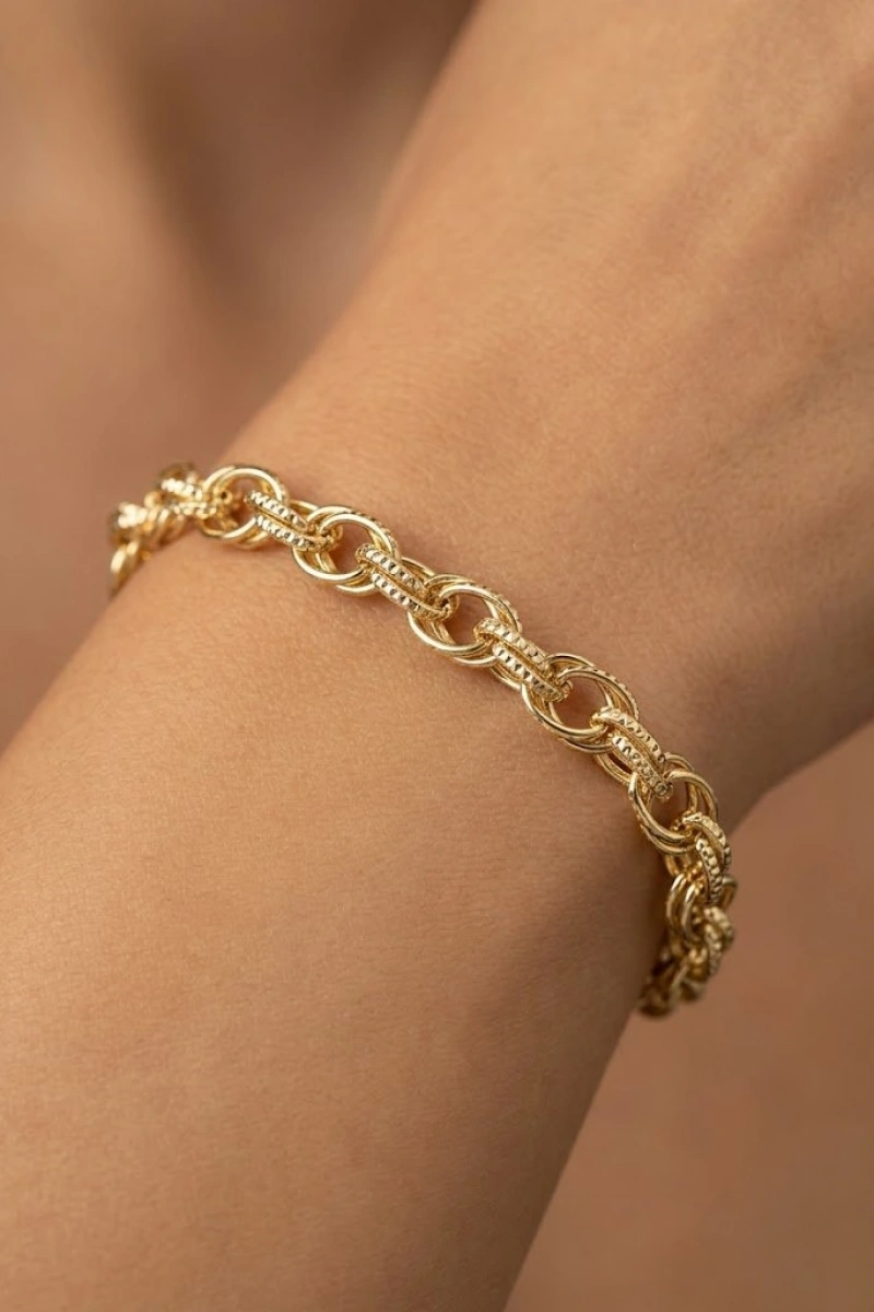 Desenli Çift Model Gold Altın Kaplama Bileklik