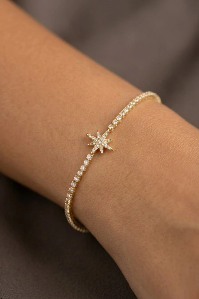 Taşlı Yıldız Model Gold Altın Kaplama Su Yolu Bileklik