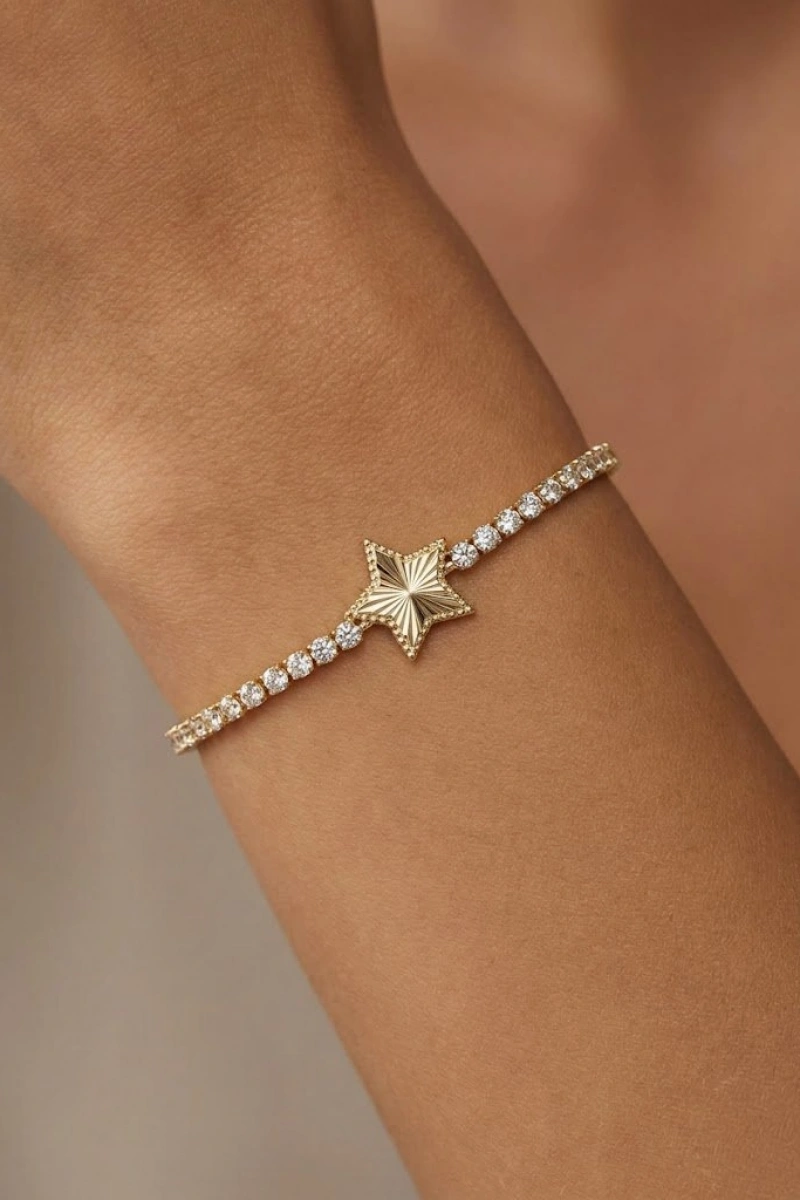 Çizgili Yıldız Model Gold Altın Kaplama Su Yolu Bileklik